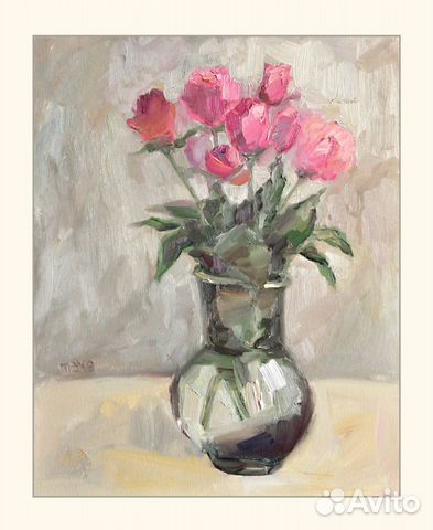 Картины маслом на холсте Розы для любимой бежевый