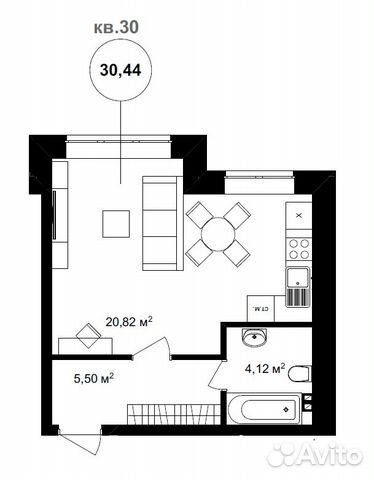 1-к квартира, 30.4 м², 1/3 эт.