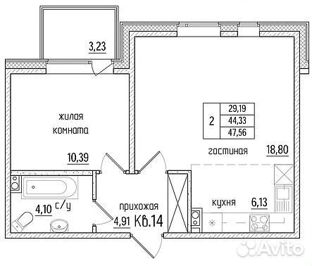 2-к квартира, 44.3 м², 4/5 эт.