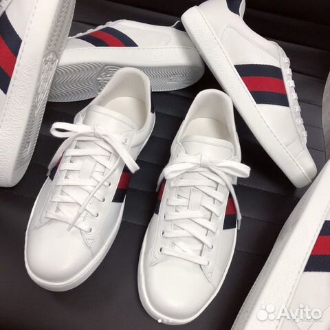 Белые Кеды gucci ACE с синей полосой 2018 Белые Кеды gucci ACE с синей полосой 2018