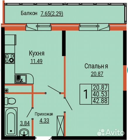 1-к квартира, 42 м², 9/12 эт. 1-к квартира, 42 м², 9/12 эт.