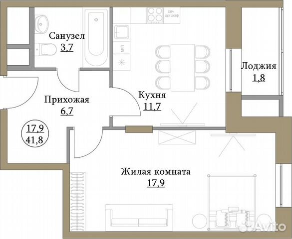 1-к квартира, 41.8 м², 7/17 эт.