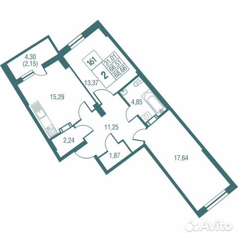 2-к квартира, 68.7 м², 6/25 эт.