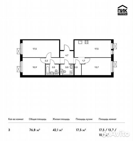 3-к квартира, 76.8 м², 7/9 эт.