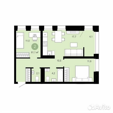 2-к квартира, 61.1 м², 3/10 эт.