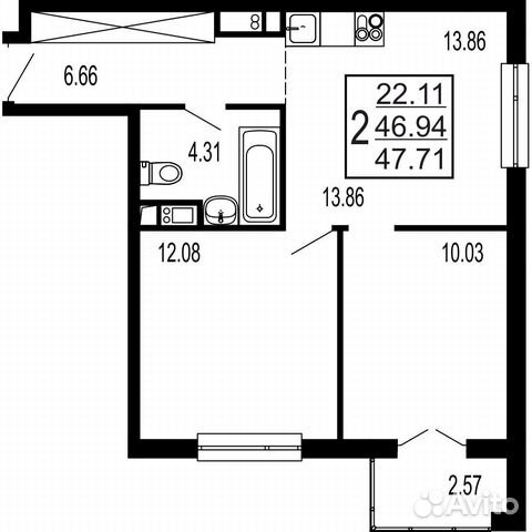 2-к квартира, 47.7 м², 2/17 эт.
