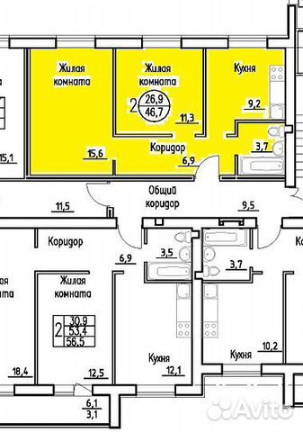 2-к квартира, 46.7 м², 2/3 эт.