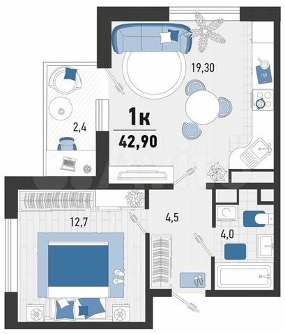 1-к. квартира, 42,9 м², 19/20 эт.