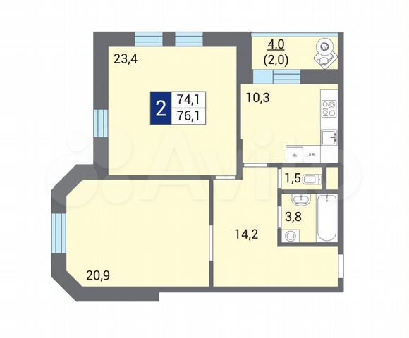 2-к. квартира, 76,2 м², 9/12 эт.