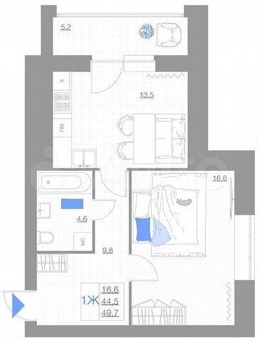 1-к. квартира, 49,7 м², 4/5 эт.
