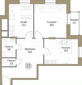 2-к квартира, 62.5 м², 2/17 эт.