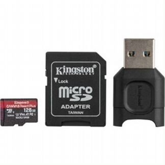 Карта памяти MicroSD 128Gb Kingston React Plus Class 10, UHS Class 3, UHS-II, V90, A1, 285MB/s + USB Card Reader #mlpmr2/128Gb